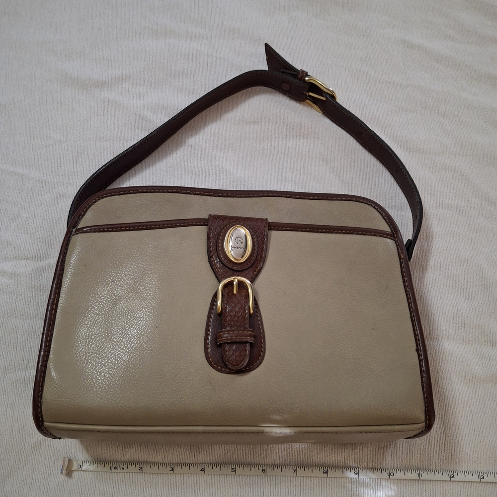 Classic Taupe and Brown Shoulder Bag with Gold Accent